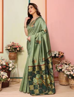 faux Kanjivaram banarasi jacquard silk blend saree with unstiched blouse piece 3