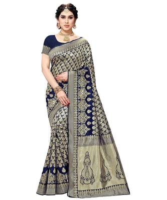 faux Kanjivaram banarasi jacquard silk blend saree with unstiched blouse piece 1