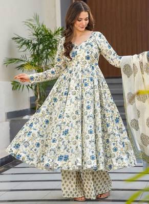 Festive wear cream blue printed muslin kurta palazzo set with dupatta 1