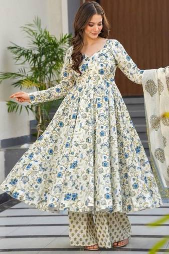 Festive wear cream blue printed muslin kurta palazzo set with dupatta