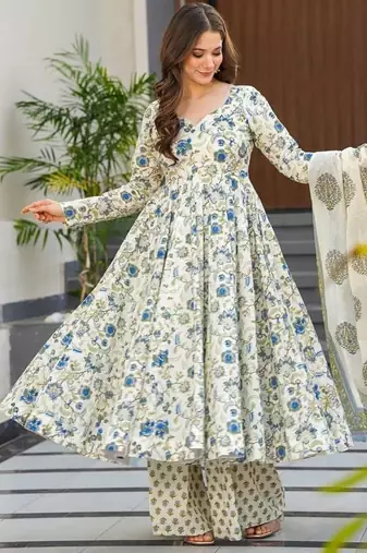 Festive wear cream blue printed muslin kurta palazzo set with dupatta
