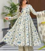Festive wear cream blue printed muslin kurta palazzo set with dupatta
