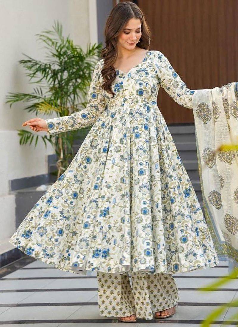 Festive wear cream blue printed muslin kurta palazzo set with dupatta