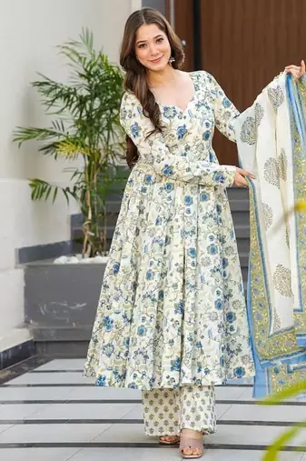 Festive wear cream blue printed muslin kurta palazzo set with dupatta