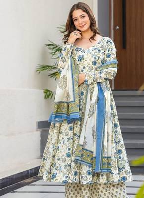 Festive wear cream blue printed muslin kurta palazzo set with dupatta 3