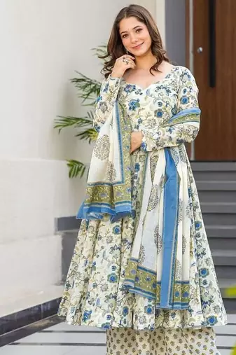 Festive wear cream blue printed muslin kurta palazzo set with dupatta