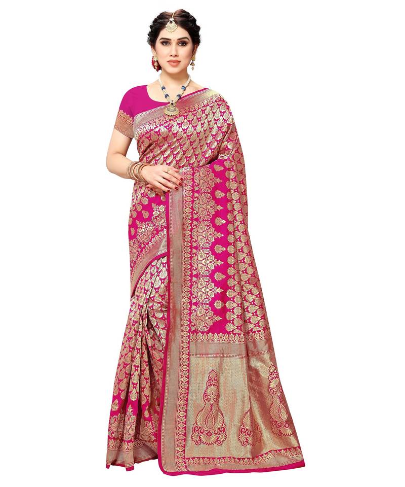 faux Kanjivaram banarasi jacquard silk blend saree with unstiched blouse piece