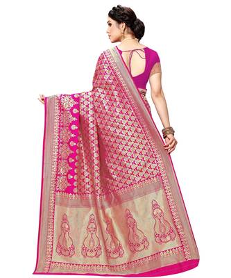 faux Kanjivaram banarasi jacquard silk blend saree with unstiched blouse piece 3