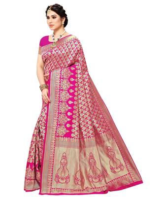 faux Kanjivaram banarasi jacquard silk blend saree with unstiched blouse piece 4
