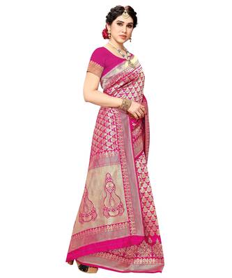 faux Kanjivaram banarasi jacquard silk blend saree with unstiched blouse piece 5