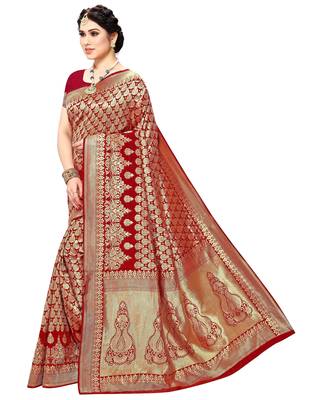faux Kanjivaram banarasi jacquard silk blend saree with unstiched blouse piece 4