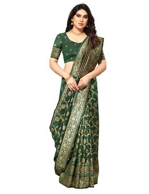faux Kanjivaram banarasi jacquard silk blend saree with unstiched blouse piece 1