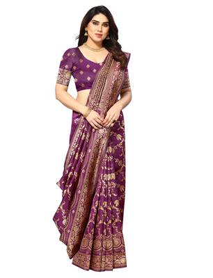 faux Kanjivaram banarasi jacquard silk blend saree with unstiched blouse piece 1