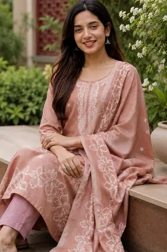 Crtx light maroon jaquard pure cotton kurti with dupatta and pant