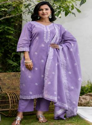 Crtx light purple jaquard pure cotton kurti with dupatta and pant 1