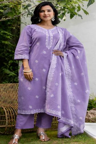  light purple jaquard pure cotton kurti with dupatta and pant
