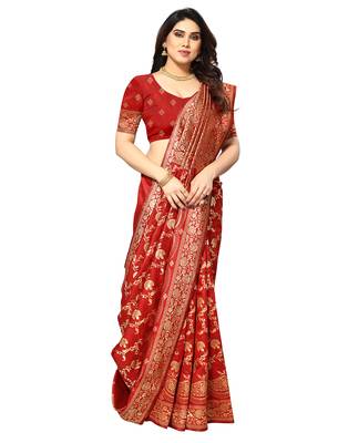 faux Kanjivaram banarasi jacquard silk blend saree with unstiched blouse piece 1