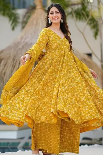 Women's mustard yellow printed pure muslin anarkali kurta set with palazzo and dupatta