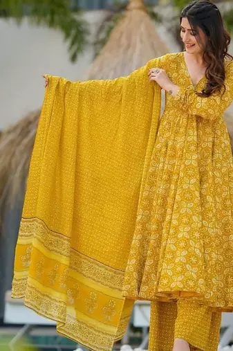 Women's mustard yellow printed pure muslin anarkali kurta set with palazzo and dupatta