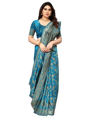 faux Kanjivaram banarasi jacquard silk blend saree with unstiched blouse piece 1