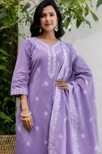 Crtx light purple jaquard pure cotton kurti with dupatta and pant
