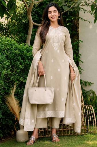  chiku brown jaquard pure cotton kurti with dupatta and pant