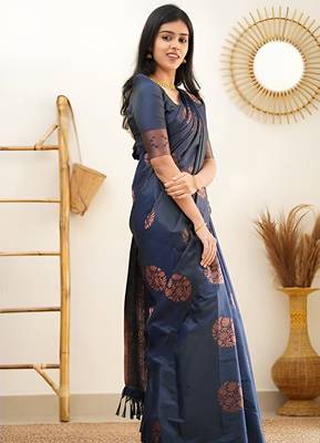 faux Kanjivaram banarasi jacquard silk blend saree with unstiched blouse piece 3
