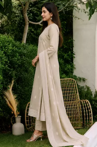 Crtx chiku brown jaquard pure cotton kurti with dupatta and pant