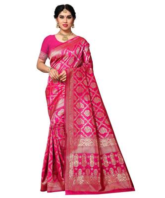 faux Kanjivaram banarasi jacquard silk blend saree with unstiched blouse piece 2