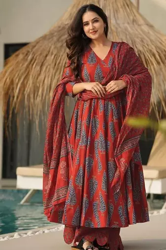 Women's rust red printed pure muslin anarkali kurta set with palazzo and dupatta