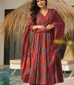 Women's rust red printed pure muslin anarkali kurta set with palazzo and dupatta