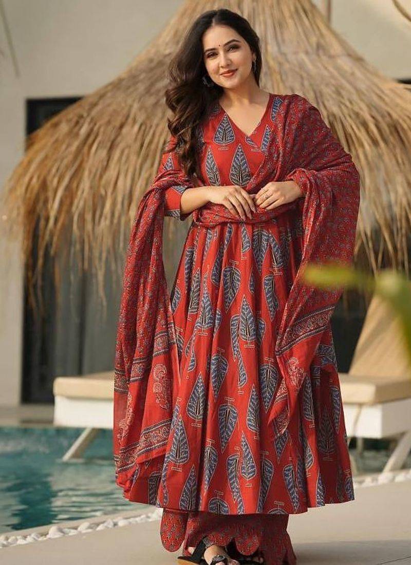 Women's rust red printed pure muslin anarkali kurta set with palazzo and dupatta