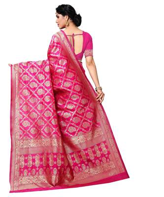 faux Kanjivaram banarasi jacquard silk blend saree with unstiched blouse piece 3