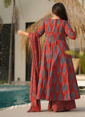 Women's rust red printed pure muslin anarkali kurta set with palazzo and dupatta 2