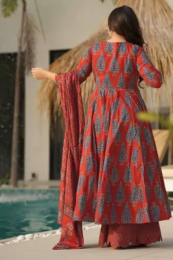 Women's rust red printed pure muslin anarkali kurta set with palazzo and dupatta