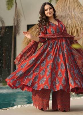 Women's rust red printed pure muslin anarkali kurta set with palazzo and dupatta 3