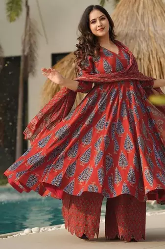 Women's rust red printed pure muslin anarkali kurta set with palazzo and dupatta