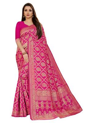 faux Kanjivaram banarasi jacquard silk blend saree with unstiched blouse piece 1