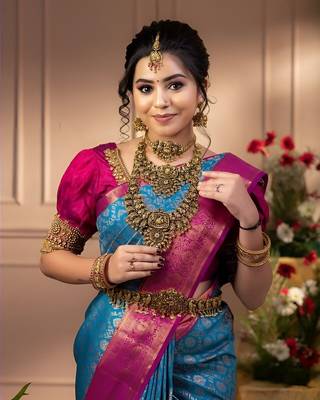 faux Kanjivaram banarasi jacquard silk blend saree with unstiched blouse piece 2