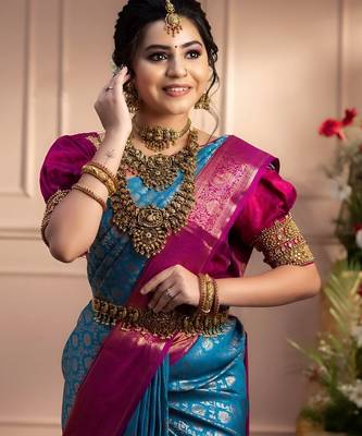 faux Kanjivaram banarasi jacquard silk blend saree with unstiched blouse piece 4