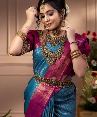 faux Kanjivaram banarasi jacquard silk blend saree with unstiched blouse piece 5