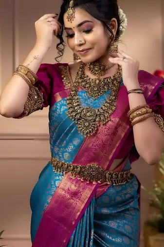 faux Kanjivaram banarasi jacquard silk blend saree with unstiched blouse piece