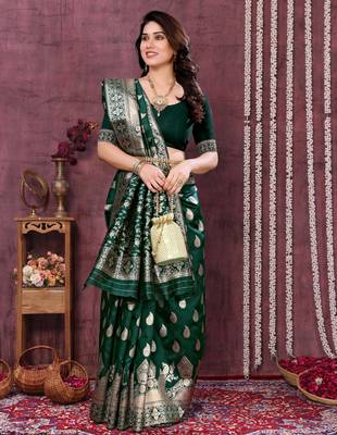 faux Kanjivaram banarasi jacquard silk blend saree with unstiched blouse piece 1