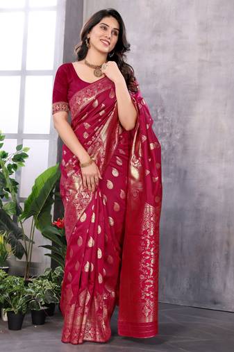 faux Kanjivaram banarasi jacquard silk blend saree with unstiched blouse piece