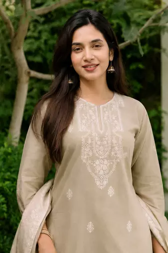 Crtx chiku brown jaquard pure cotton kurti with dupatta and pant