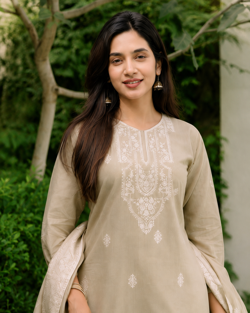 Crtx chiku brown jaquard pure cotton kurti with dupatta and pant