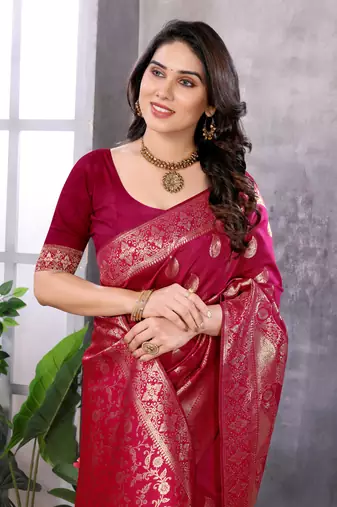 faux Kanjivaram banarasi jacquard silk blend saree with unstiched blouse piece