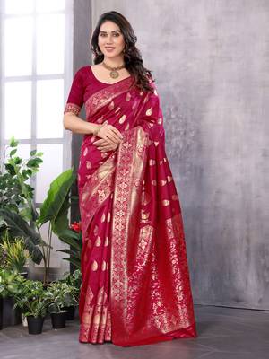 faux Kanjivaram banarasi jacquard silk blend saree with unstiched blouse piece 4