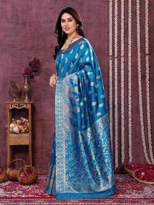 faux Kanjivaram banarasi jacquard silk blend saree with unstiched blouse piece 4