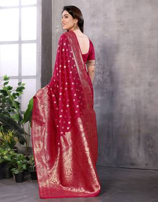 faux Kanjivaram banarasi jacquard silk blend saree with unstiched blouse piece 3